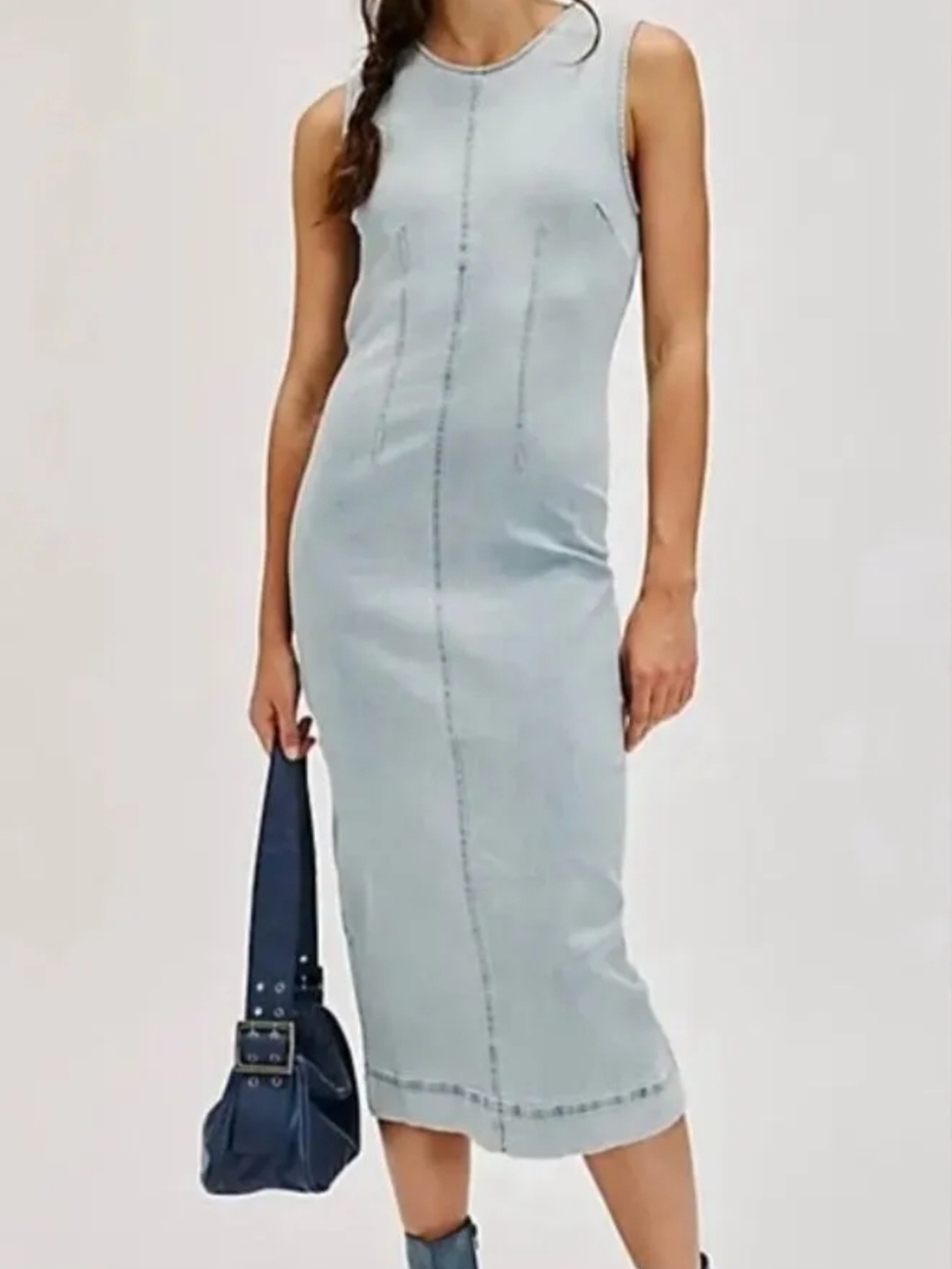 NWOT Free People Sleeveless Light Blue Denim Midi Dress Sz